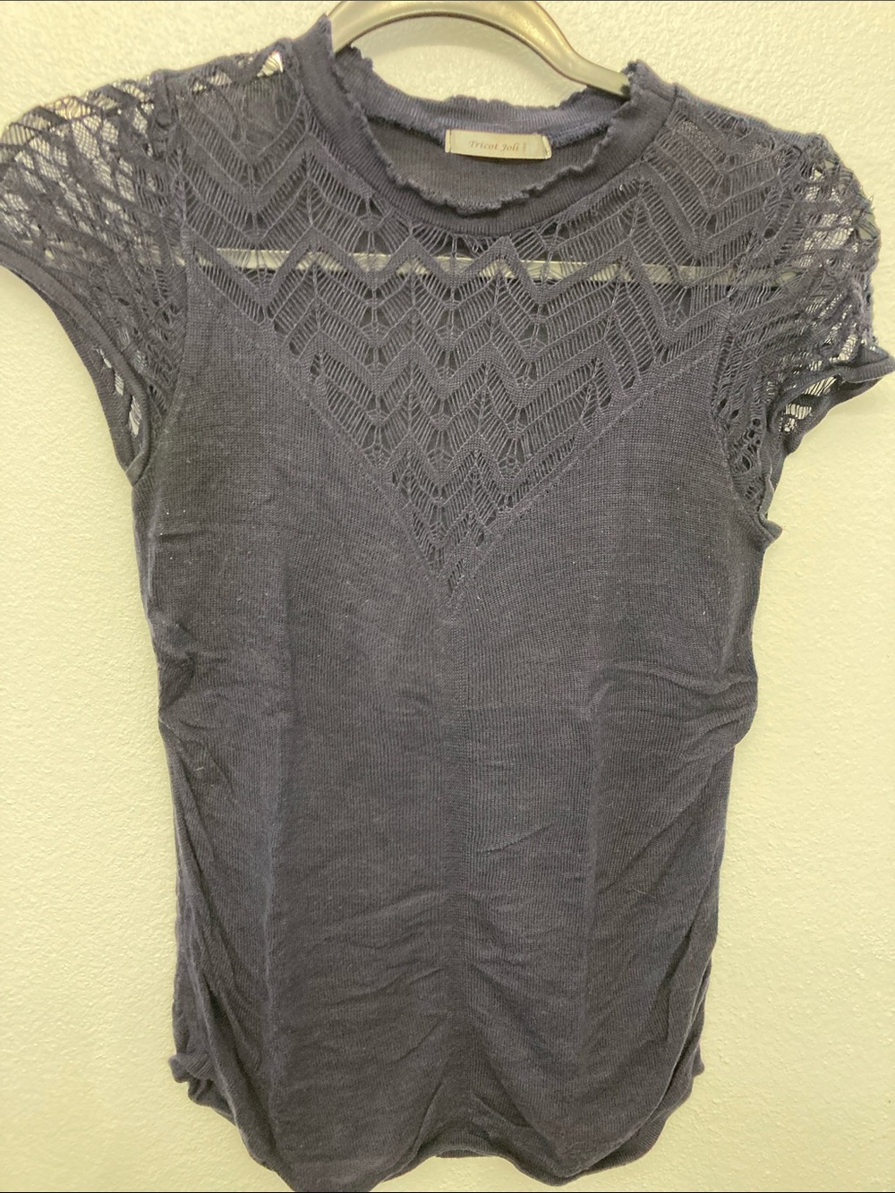 Navy Knit Top with Crochet Neck
